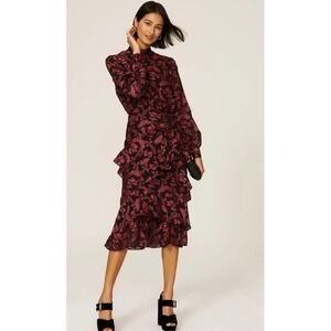 Saloni Isa Ruffle Midi Dress Tiered Silk Blend Red Black Damask US 6 *READ FLAW*